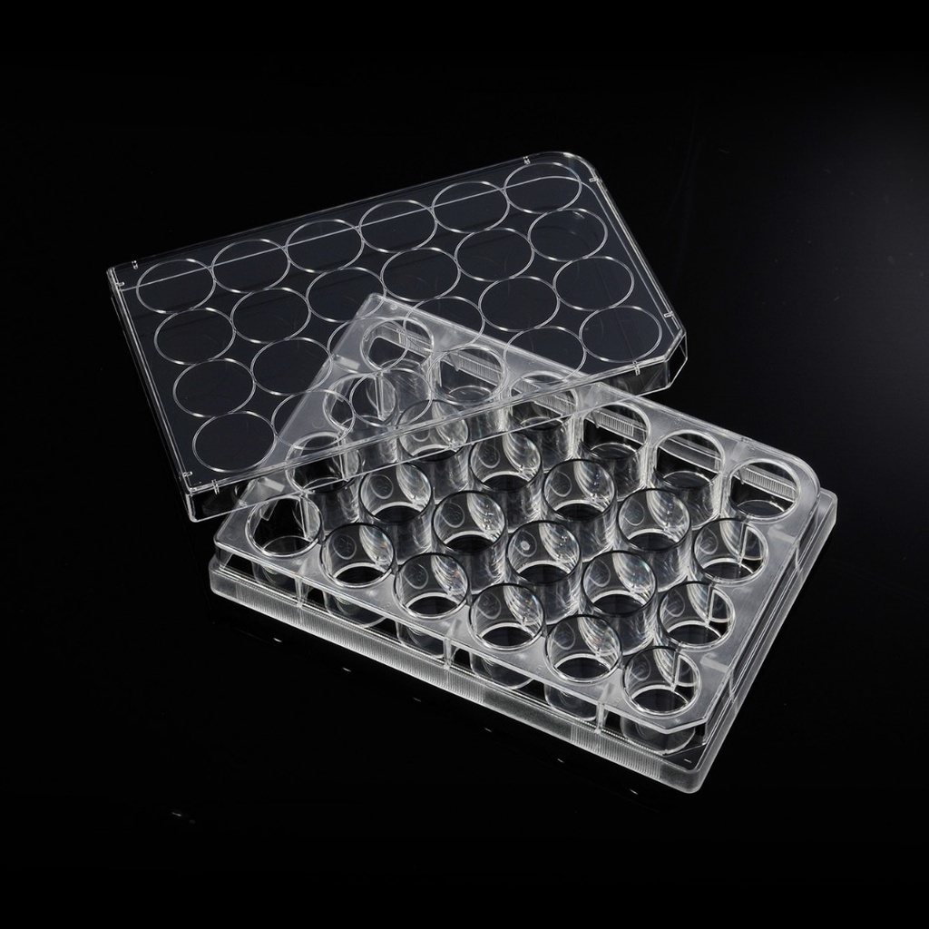 BIOLOGIX 24-WELL (EXTERNAL DIMENSIONS: 85.4mm(W)x127.6mm(L)x20.2mm(H) | WELL DIMESIONS: 15.5mm(D)x17.5mm(H) | WORKING VOLUME: 1ml) CLEAR POLYSTYRENE (TC-TREATED) STERILE CELL CULTURE PLATES WITH LIDS. PLATES COME INDIVIDUALLY WRAPPED