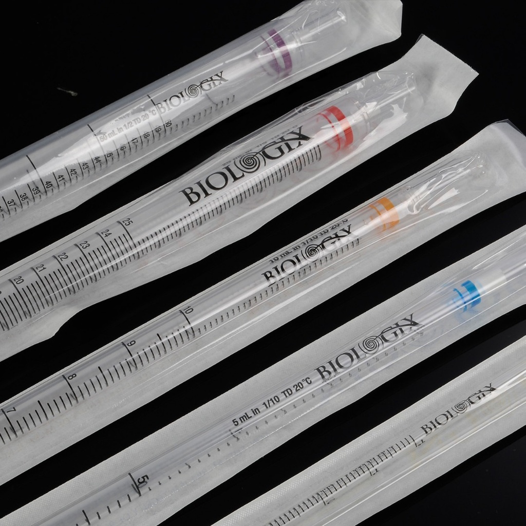 BIOLOGIX 25ml CLEAR POLYSTYRENE STERILE SEROLOGICAL PIPETTES.  PIPETTES HAVE MARKED GRADUATIONS AND ARE COLOR-CODED WITH RED BAND FOR CONVENIENT SIZE INDICATION. PIPETTES COME INDIVIDUALLY WRAPPED