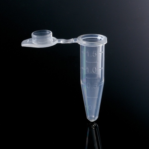 [80-1500] BIOLOGIX 1.5ml CLEAR POLYPROPYLENE NON-STERILE (RNase & DNase FREE) CONICAL BOTTOM MICROCENTRIFUGE TUBES WITH ATTACHED FLAT CAPS. TUBES HAVE FROSTED WRITING AREA AND MARKED GRADUATIONS