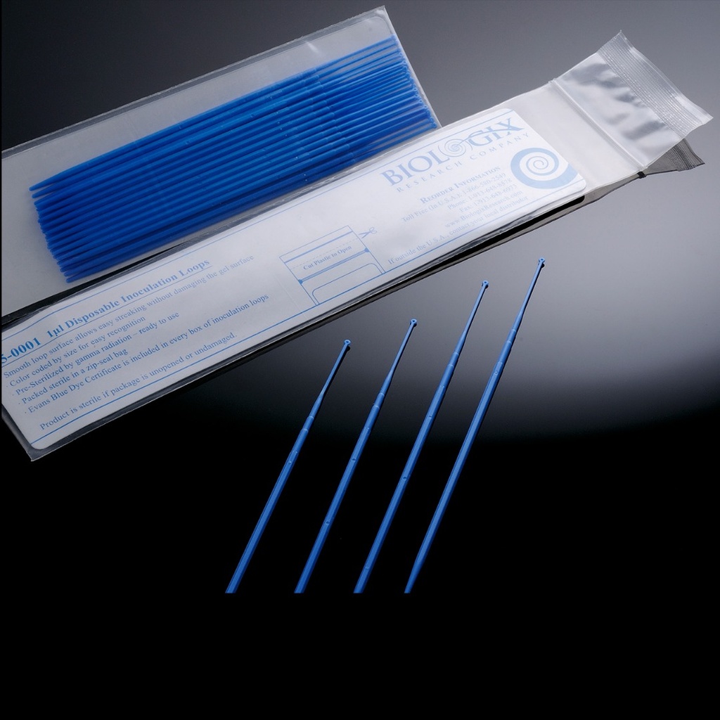 BIOLOGIX 1µl BLUE POLYSTYRENE STERILE INOCULATING LOOPS.  FEATURES AN ULTRA-SMOOTH LOOP SURFACE.  PACKED IN A STERILE ZIP-SEAL BAG
