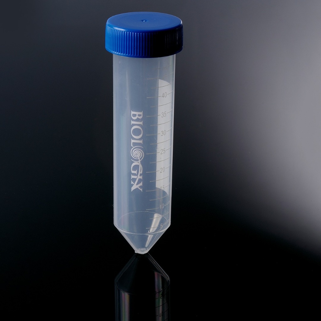 BIOLOGIX 50ml CLEAR POLYPROPYLENE STERILE CONICAL BOTTOM CENTRIFUGE TUBES WITH PLUG-SEAL SCREW CAPS ASSEMBLED. TUBES HAVE WRITING PATCH AND MARKED GRADUATIONS
