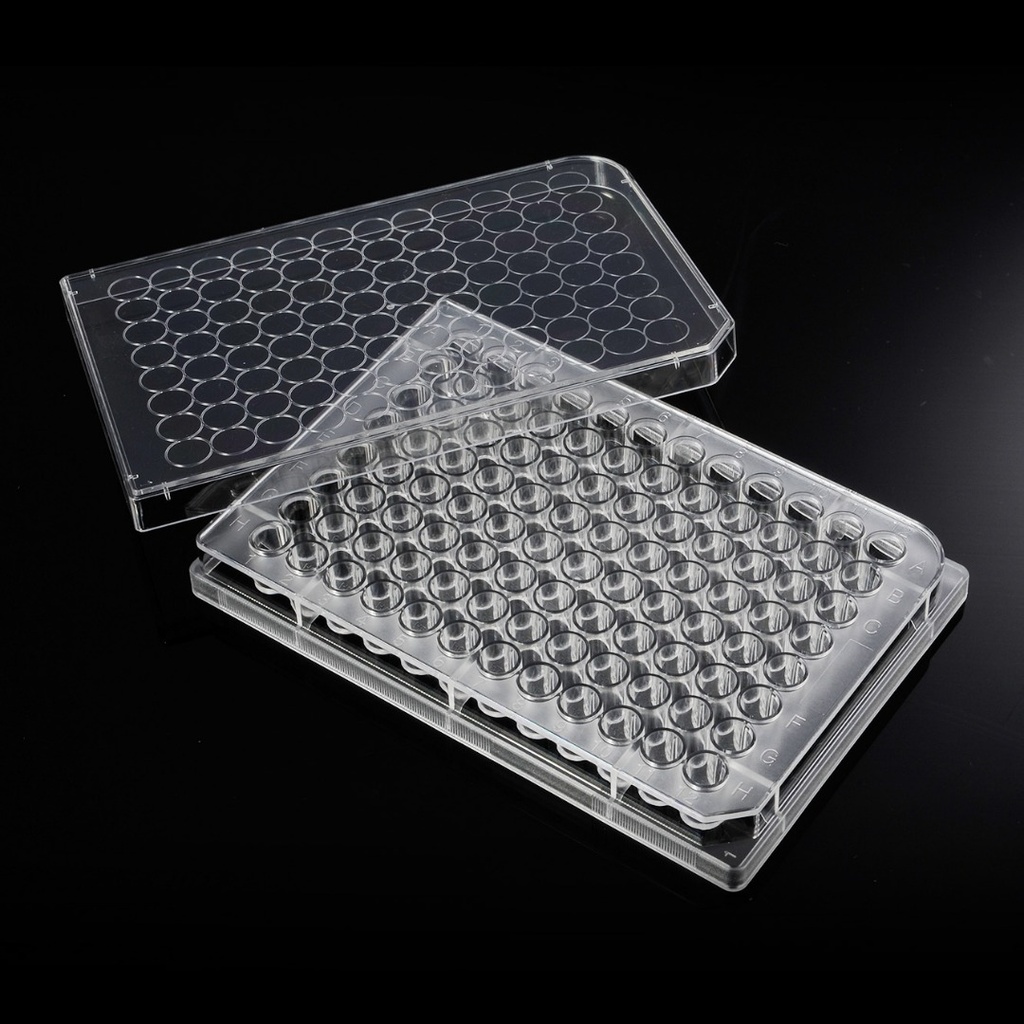 BIOLOGIX 96-WELL (EXTERNAL DIMENSIONS: 85.4mm(W)x127.6mm(L)x14.4mm(H) | WELL DIMESIONS: 6.5mm(D)x10.8mm(H) | WORKING VOLUME: 0.2ml) CLEAR POLYSTYRENE (TC-TREATED) STERILE CELL CULTURE PLATES WITH LIDS. PLATES COME INDIVIDUALLY WRAPPED