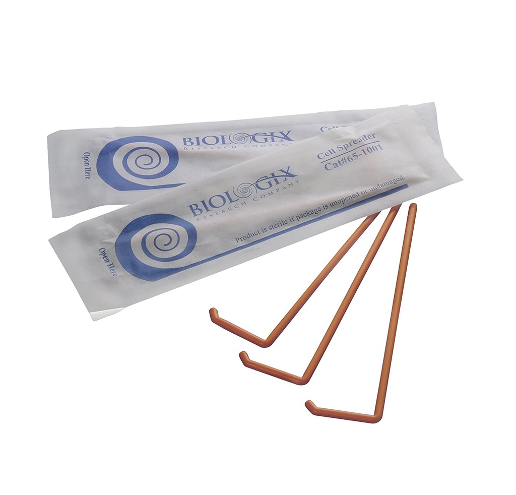 BIOLOGIX ORANGE POLYSTYRENE STERILE L-SHAPED CELL SPREADER.  SPREADERS COME PACKED IN A STERILE ZIP-SEAL BAG