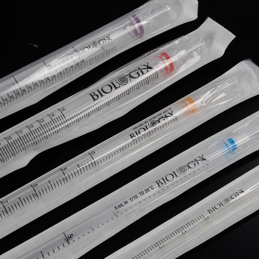 [07-5010] BIOLOGIX 10ml CLEAR POLYSTYRENE STERILE SEROLOGICAL PIPETTES.  PIPETTES HAVE MARKED GRADUATIONS AND ARE COLOR-CODED WITH ORANGE BAND FOR CONVENIENT SIZE INDICATION. PIPETTES COME INDIVIDUALLY WRAPPED